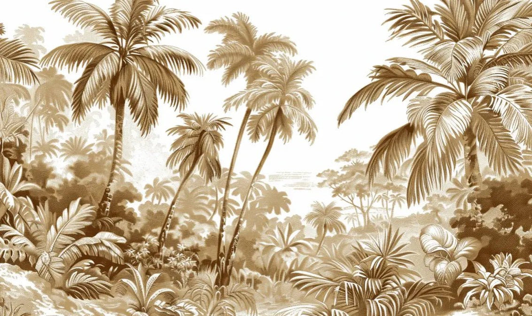 Luxe Tropical : Papier peint jungle stylisée en brun et blanc - Illulart: Papier peint panoramique