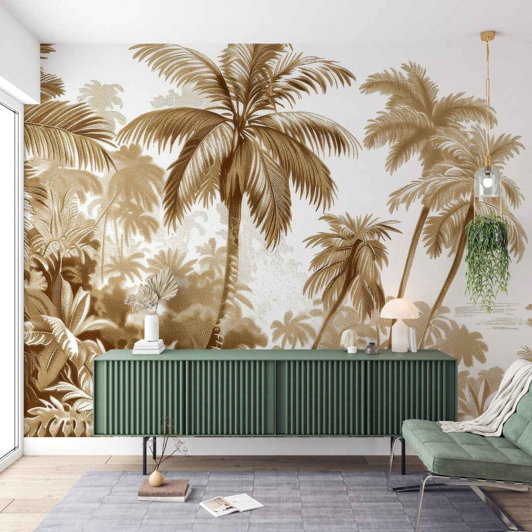 Luxe Tropical : Papier peint jungle stylisée en brun et blanc - Illulart: Papier peint panoramique