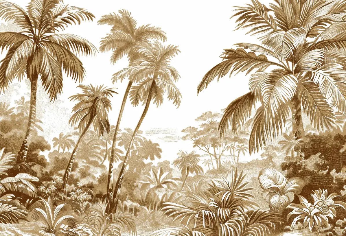 Luxe Tropical : Papier peint jungle stylisée en brun et blanc - Illulart: Papier peint panoramique