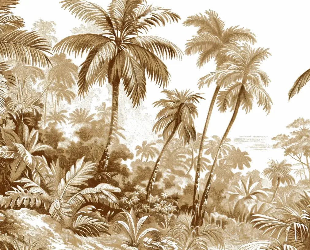 Luxe Tropical : Papier peint jungle stylisée en brun et blanc - Illulart: Papier peint panoramique