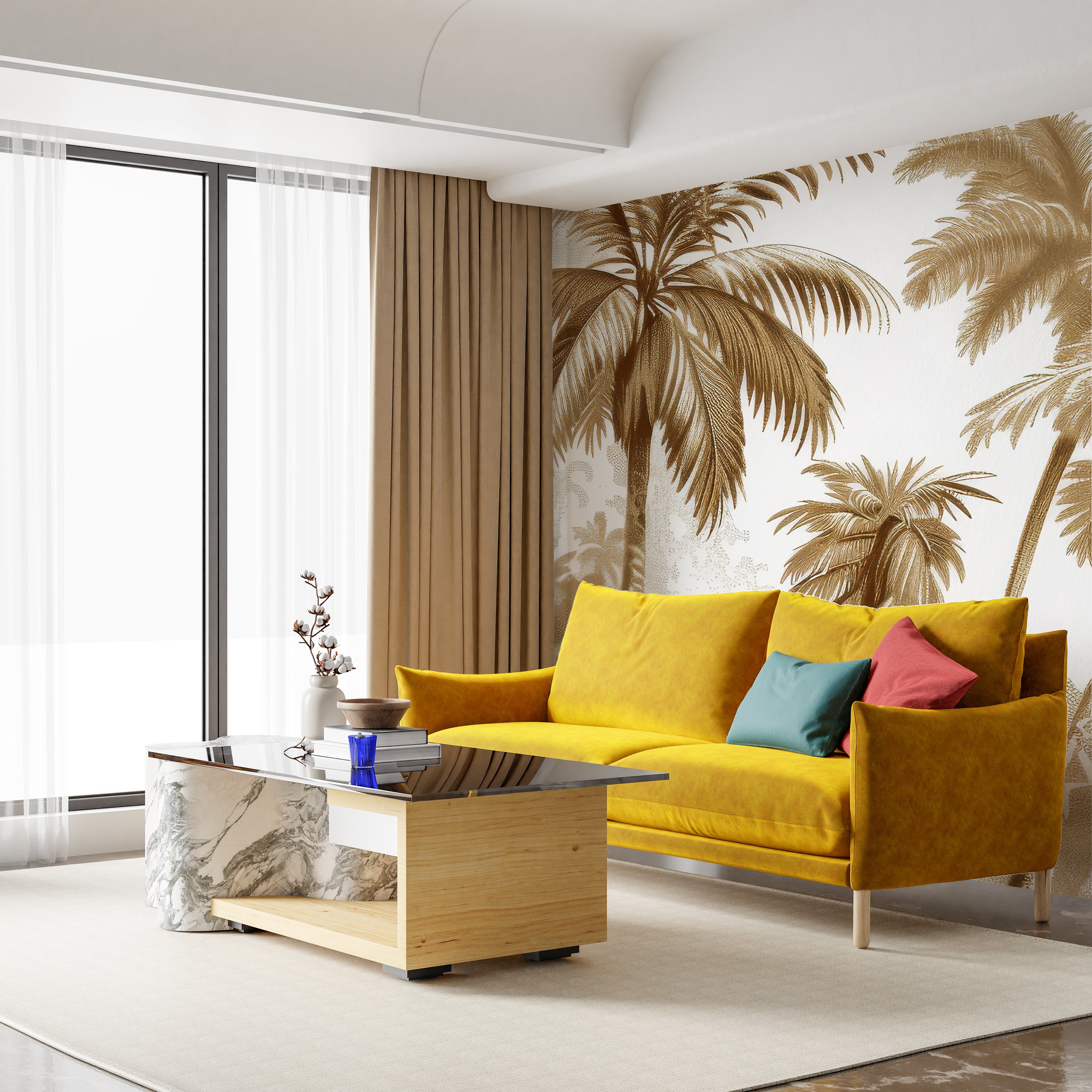 Luxe Tropical : Papier peint jungle stylisée en brun et blanc