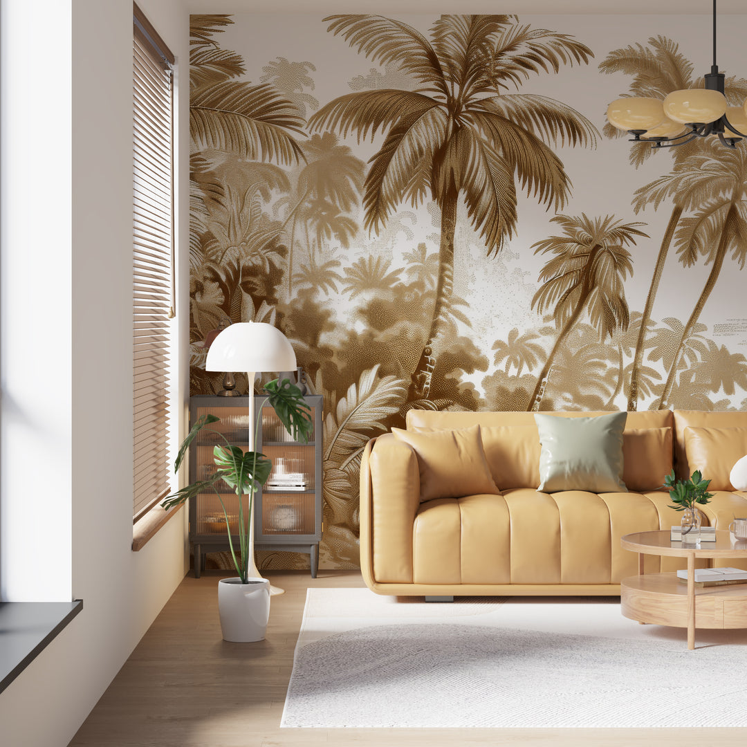 Luxe Tropical : Papier peint jungle stylisée en brun et blanc