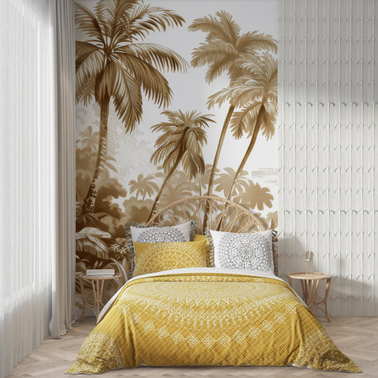 Luxe Tropical : Papier peint jungle stylisée en brun et blanc