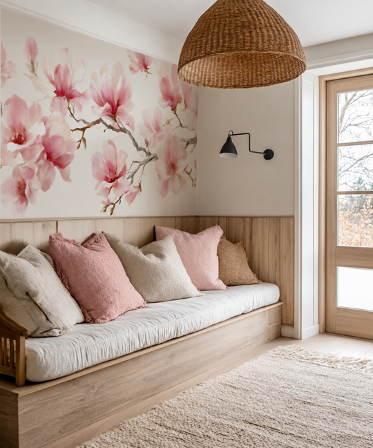 Coin lecture avec banquette en bois et coussins roses devant un papier peint panoramique de magnolias
