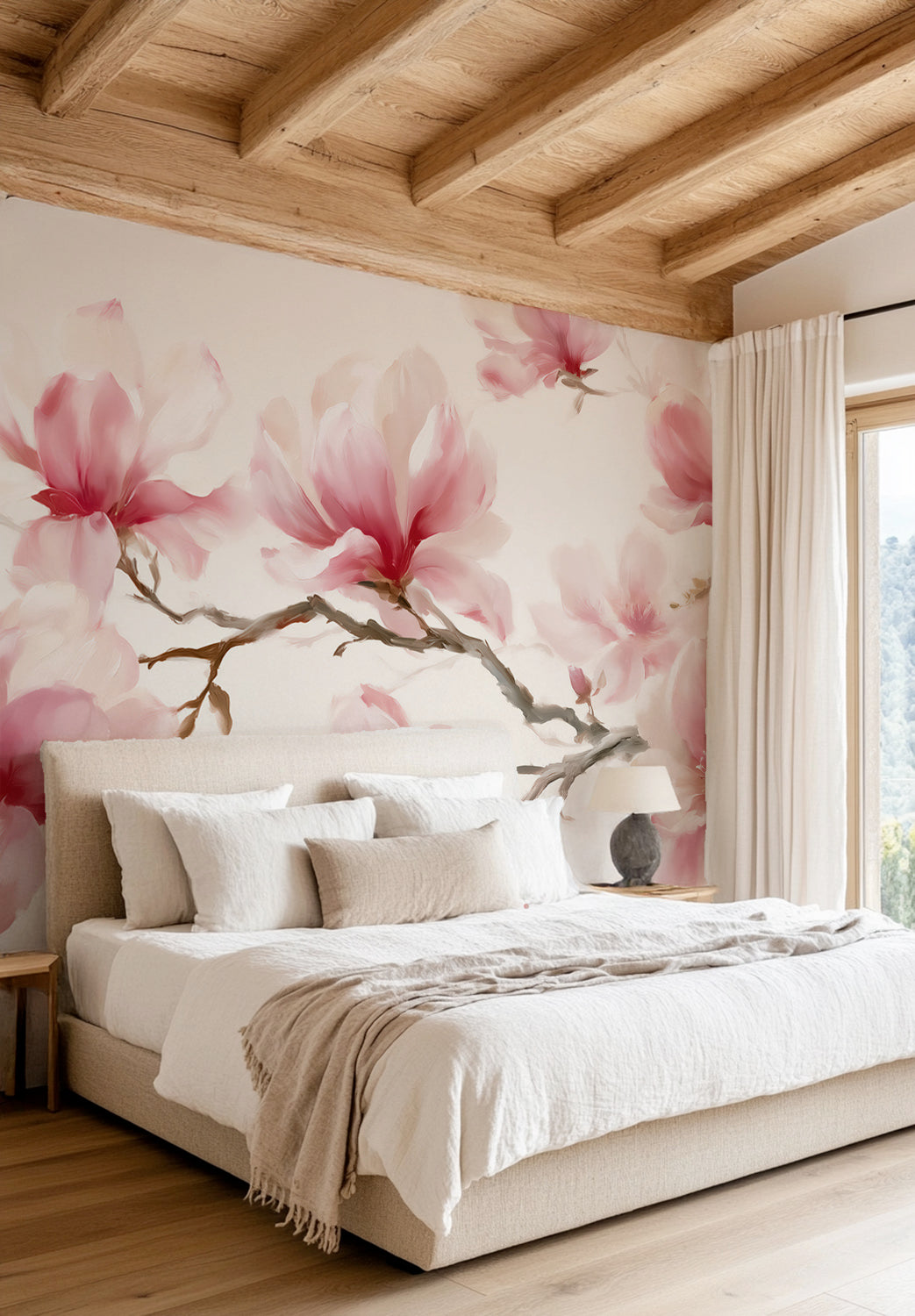 Chambre sous plafond en bois devant un papier peint panoramique de magnolias roses peints à la main