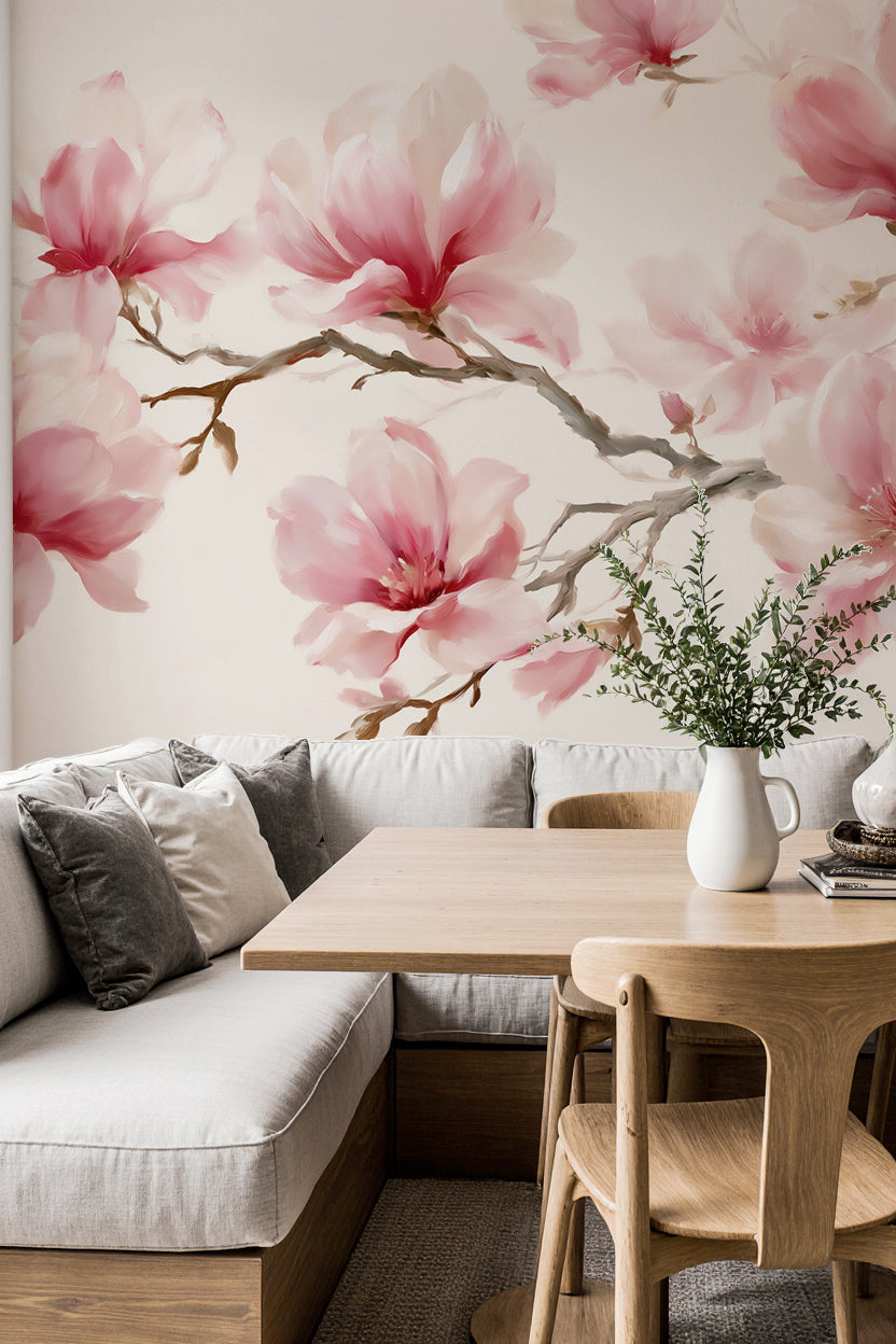 Coin repas avec banquette et table en bois devant un papier peint panoramique de branches de magnolias