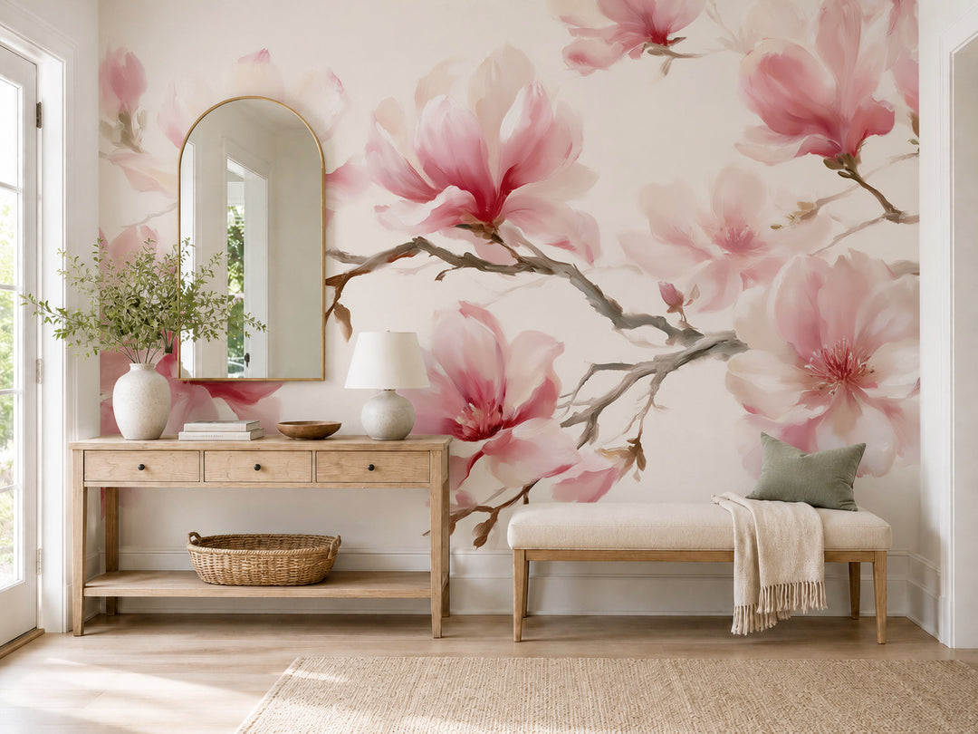 Entrée avec console en bois, miroir arrondi et banc devant un papier peint panoramique de magnolias en fleurs