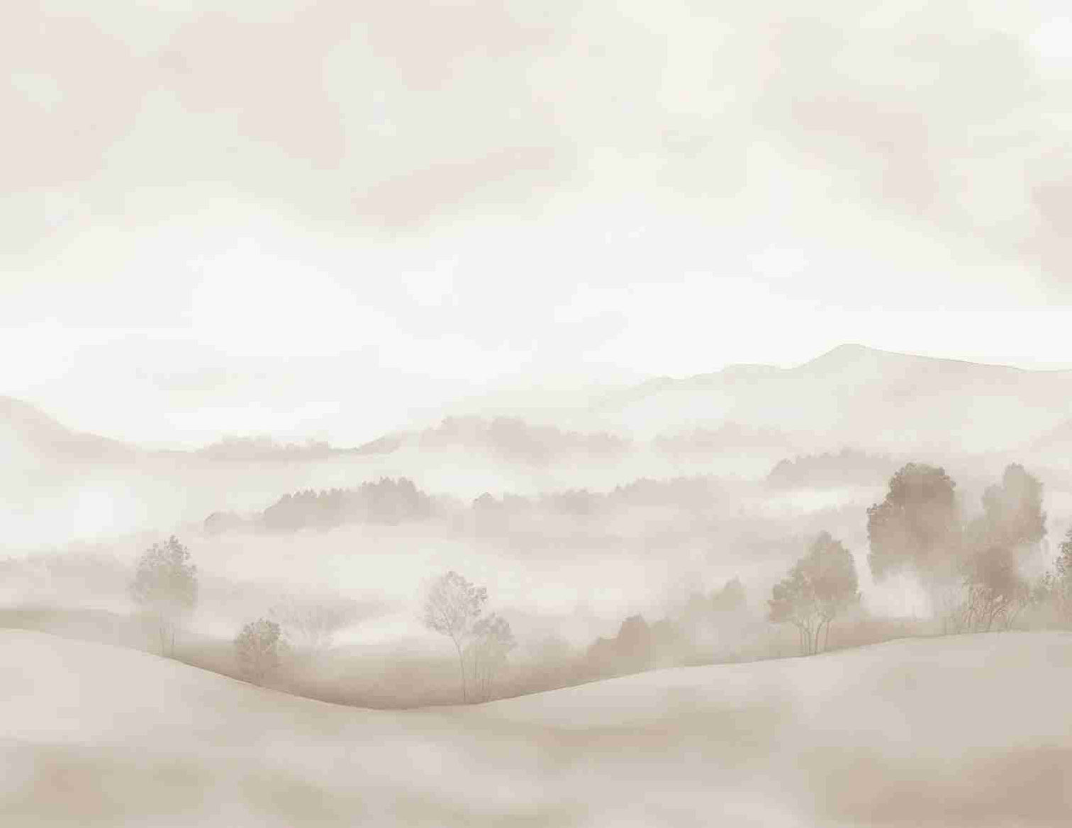 Matin calme – Papier peint paysage brumeux minimaliste et doux en beige - Illulart: Papier peint panoramique