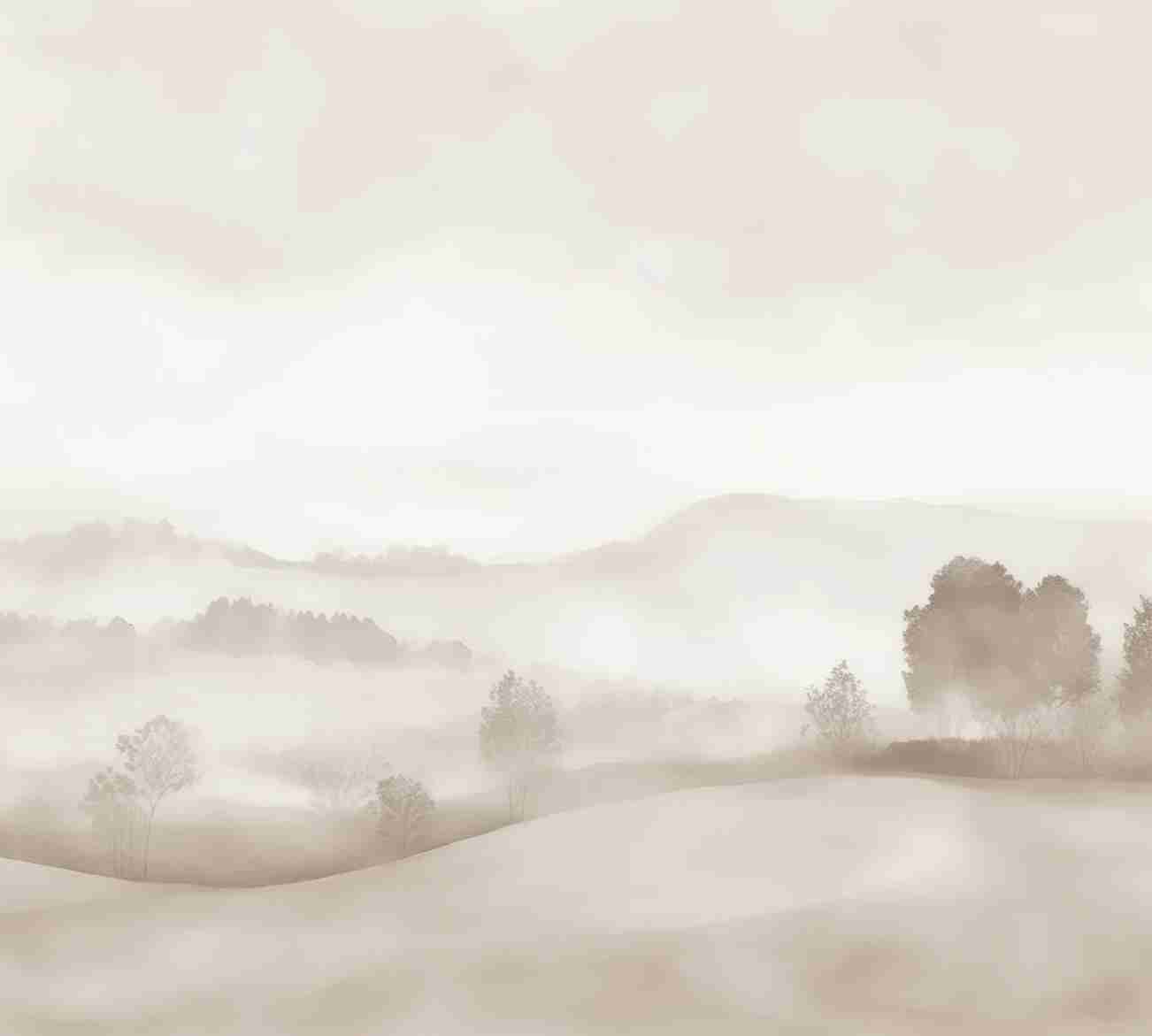 Matin calme – Papier peint paysage brumeux minimaliste et doux en beige - Illulart: Papier peint panoramique