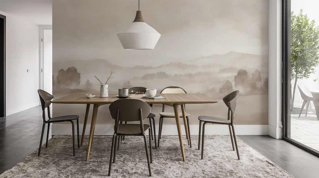 Matin calme – Papier peint paysage brumeux minimaliste et doux en beige - Illulart: Papier peint panoramique