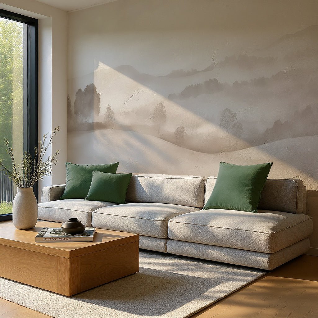 Matin calme – Papier peint paysage brumeux minimaliste et doux en beige - Illulart: Papier peint panoramique