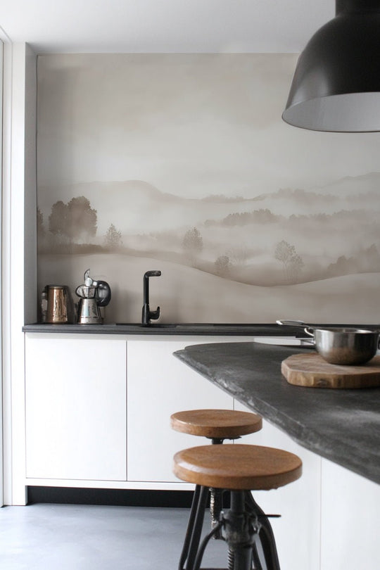 Matin calme – Papier peint paysage brumeux minimaliste et doux en beige - Illulart: Papier peint panoramique