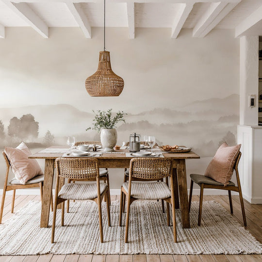 Matin calme – Papier peint paysage brumeux minimaliste et doux en beige - Illulart: Papier peint panoramique