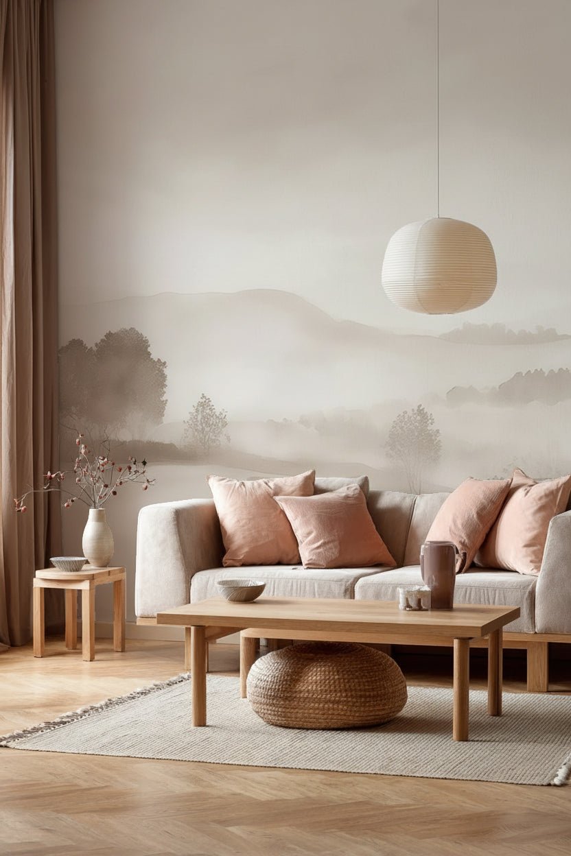 Matin calme – Papier peint paysage brumeux minimaliste et doux en beige - Illulart: Papier peint panoramique