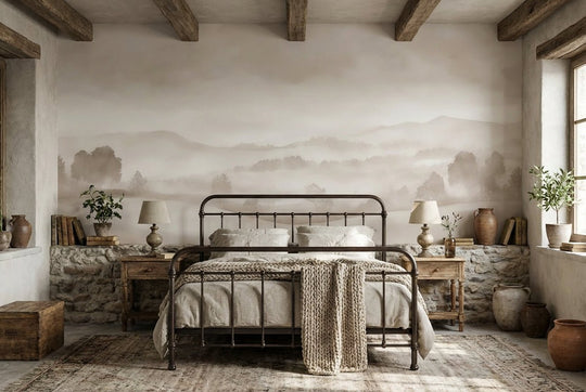 Matin calme – Papier peint paysage brumeux minimaliste et doux en beige - Illulart: Papier peint panoramique