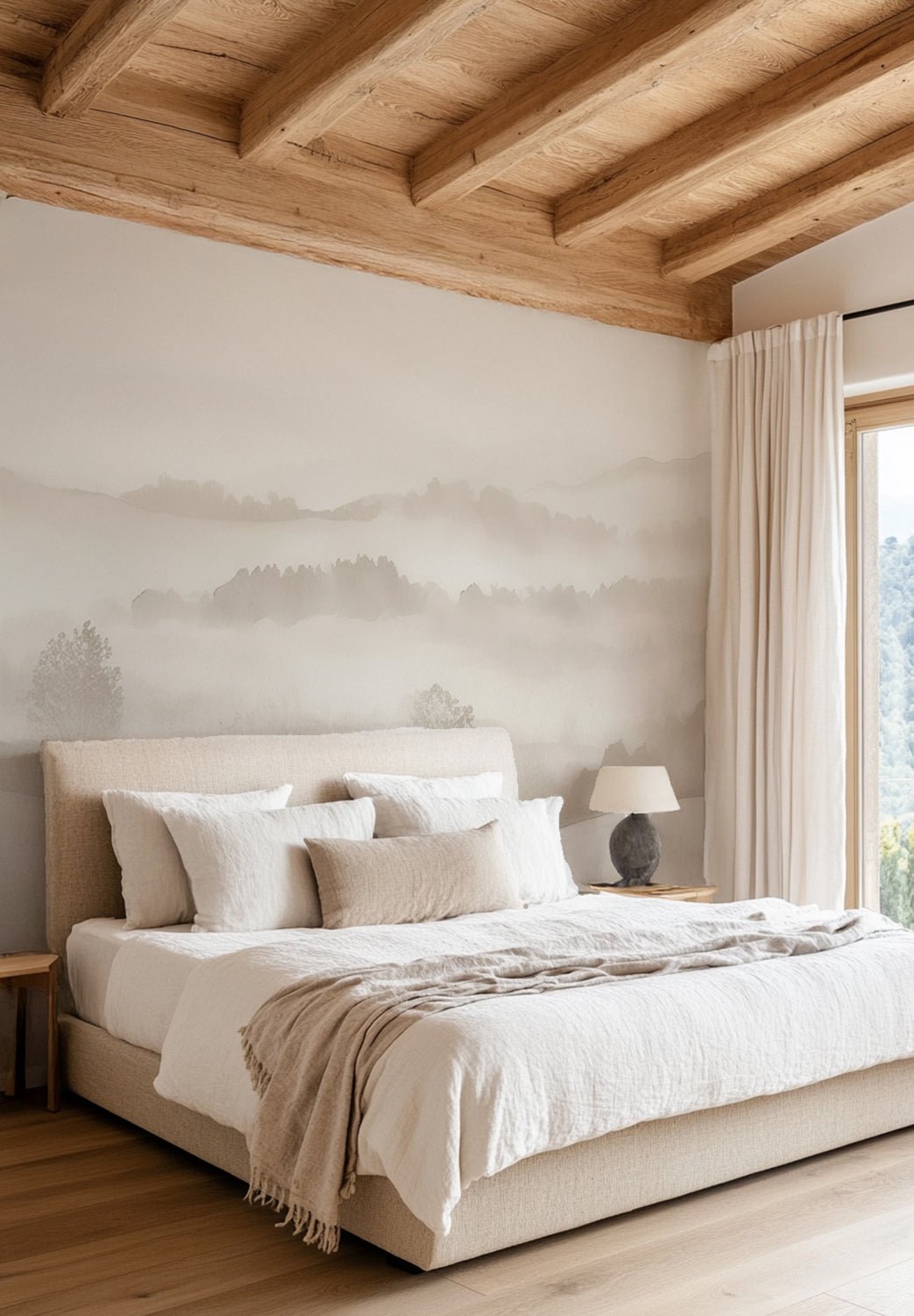 Matin calme – Papier peint paysage brumeux minimaliste et doux en beige - Illulart: Papier peint panoramique