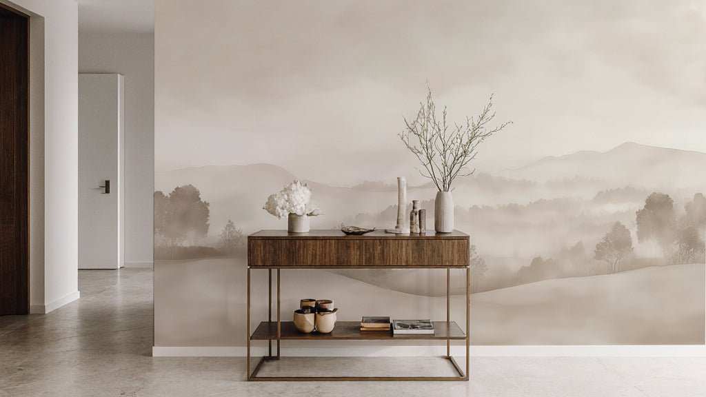 Matin calme – Papier peint paysage brumeux minimaliste et doux en beige - Illulart: Papier peint panoramique