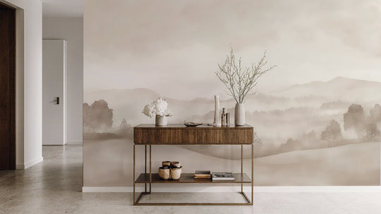 Matin calme – Papier peint paysage brumeux minimaliste et doux en beige - Illulart: Papier peint panoramique