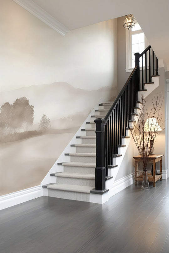 Matin calme – Papier peint paysage brumeux minimaliste et doux en beige - Illulart: Papier peint panoramique