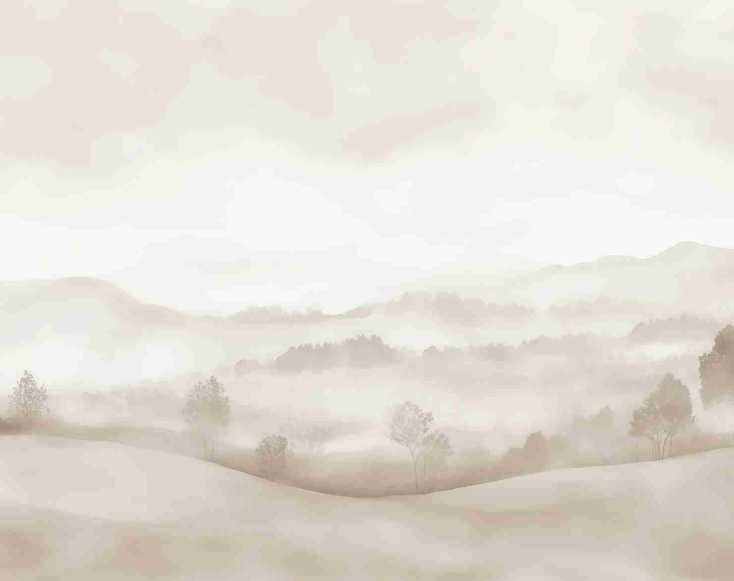 Matin calme – Papier peint paysage brumeux minimaliste et doux en beige - Illulart: Papier peint panoramique