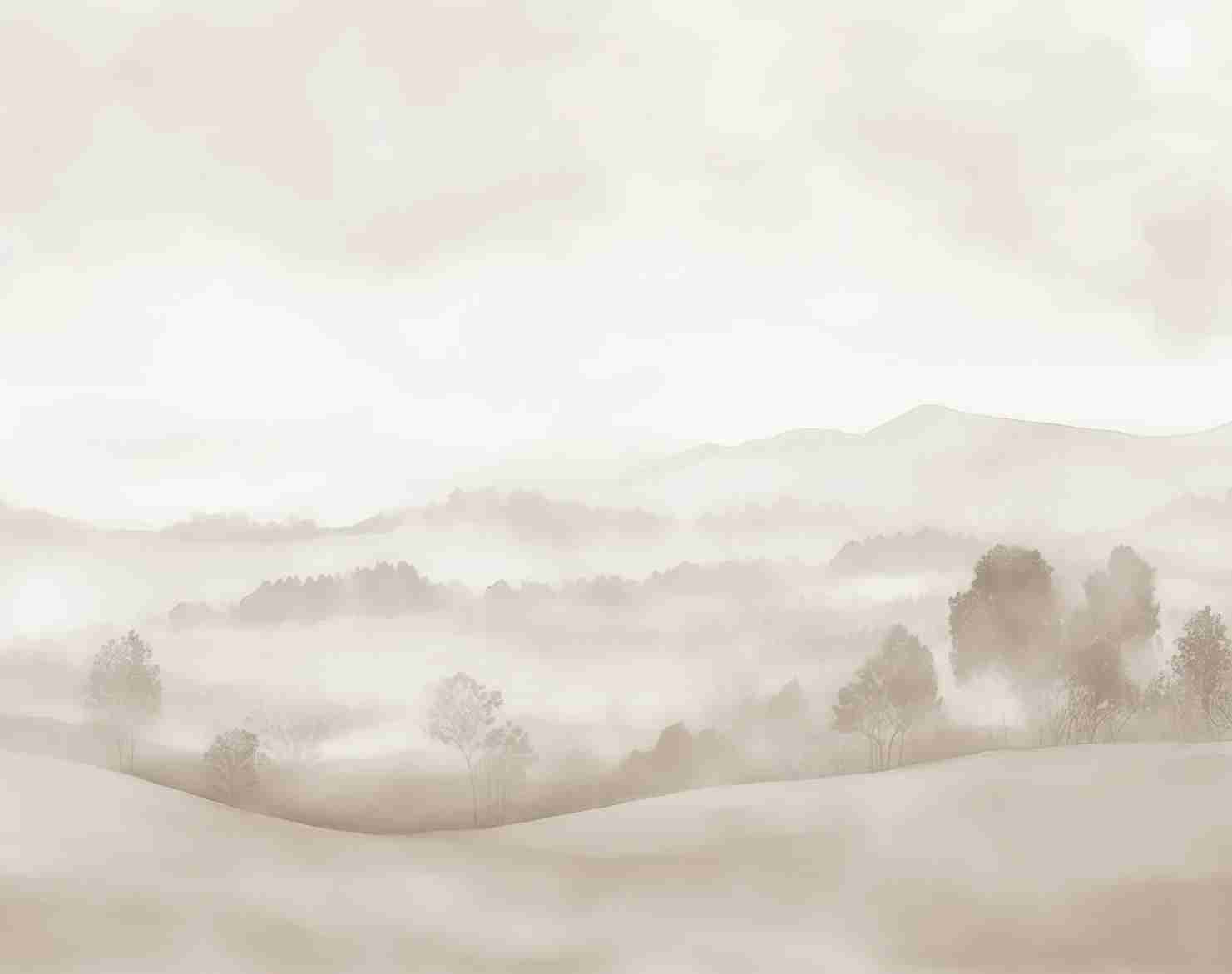 Matin calme – Papier peint paysage brumeux minimaliste et doux en beige - Illulart: Papier peint panoramique