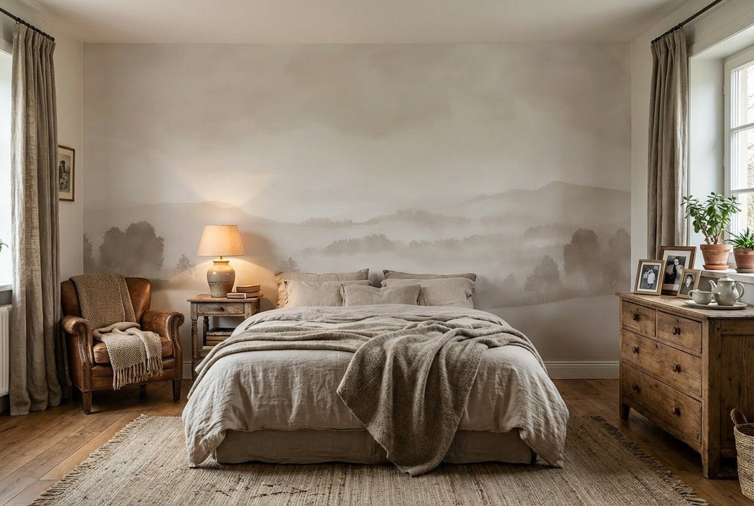 Matin calme – Papier peint paysage brumeux minimaliste et doux en beige - Illulart: Papier peint panoramique