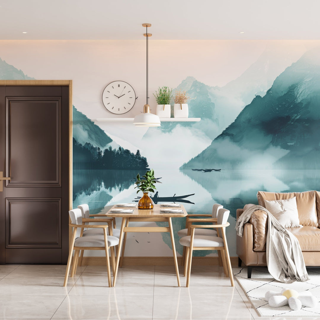 Miroir bleu du Matin - Papier Peint Panoramique Paysage Montagneux - Illulart: Papier peint panoramique