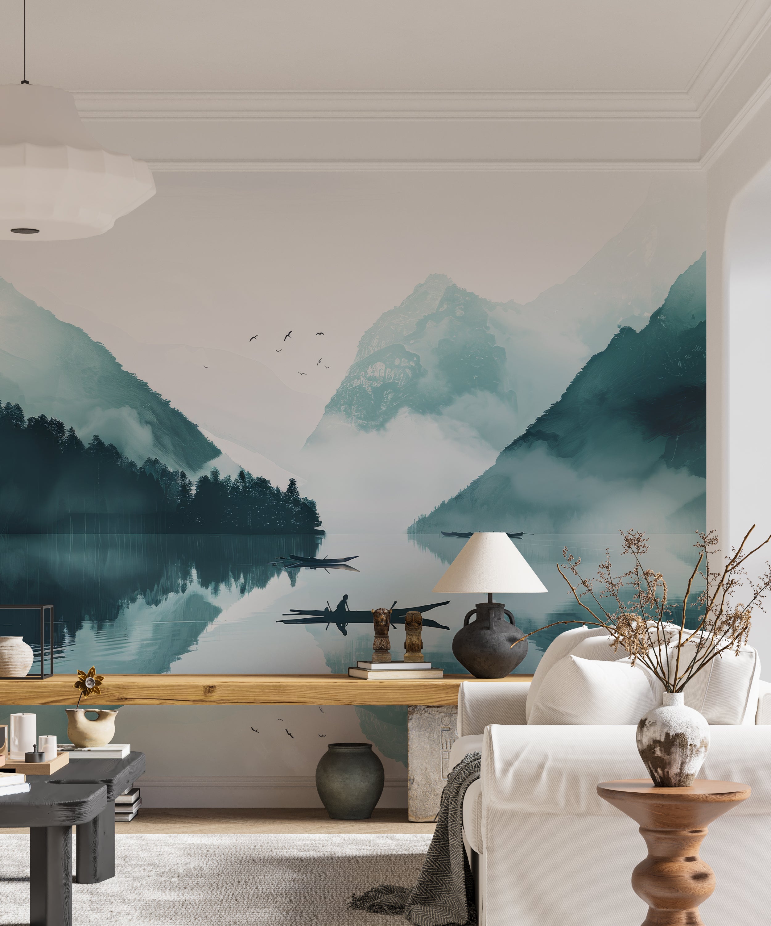 Miroir bleu du Matin - Papier Peint Panoramique Paysage Montagneux