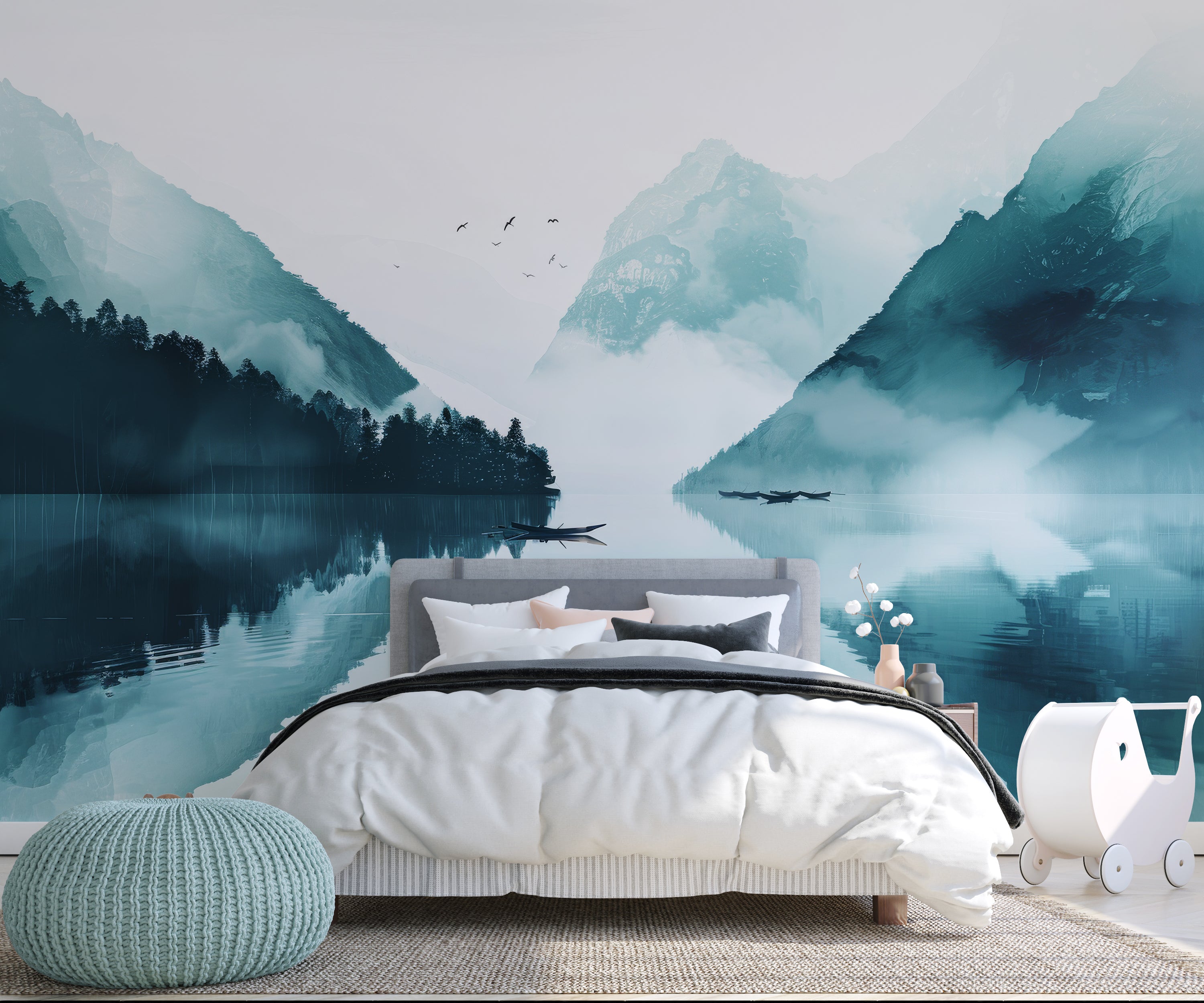 Miroir bleu du Matin - Papier Peint Panoramique Paysage Montagneux