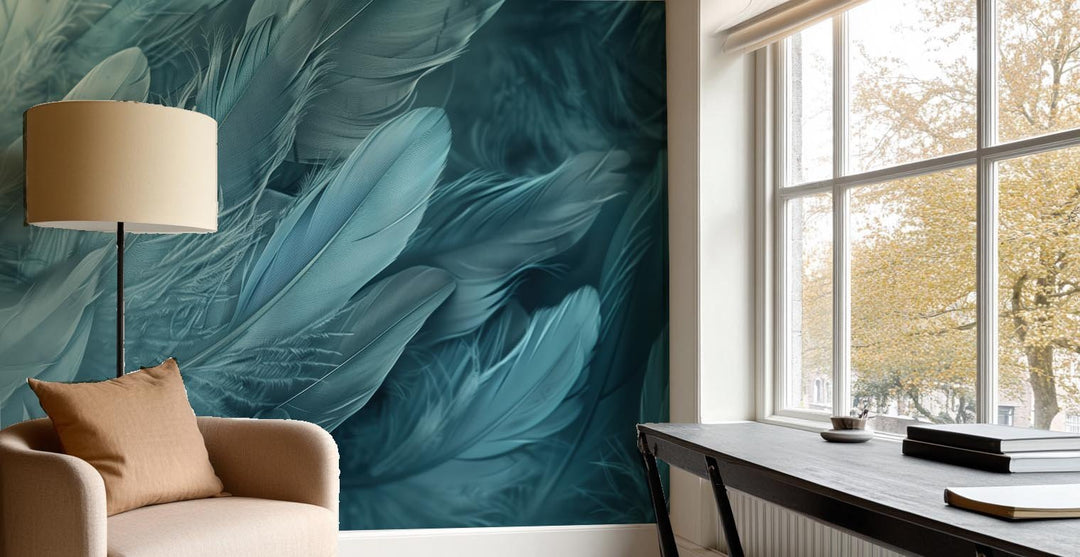 Mur de Plumes - Papier Peint Panoramique Élégant en Bleu Cendré - Illulart: Papier peint panoramique