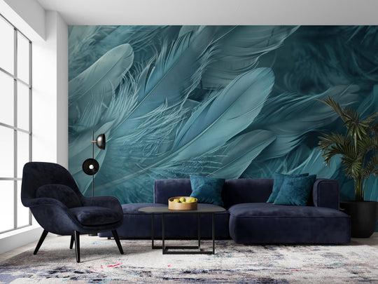 Mur de Plumes - Papier Peint Panoramique Élégant en Bleu Cendré - Illulart: Papier peint panoramique