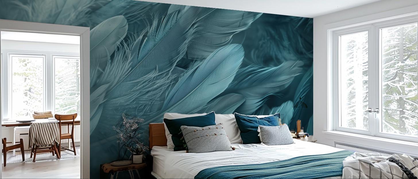 Mur de Plumes - Papier Peint Panoramique Élégant en Bleu Cendré - Illulart: Papier peint panoramique