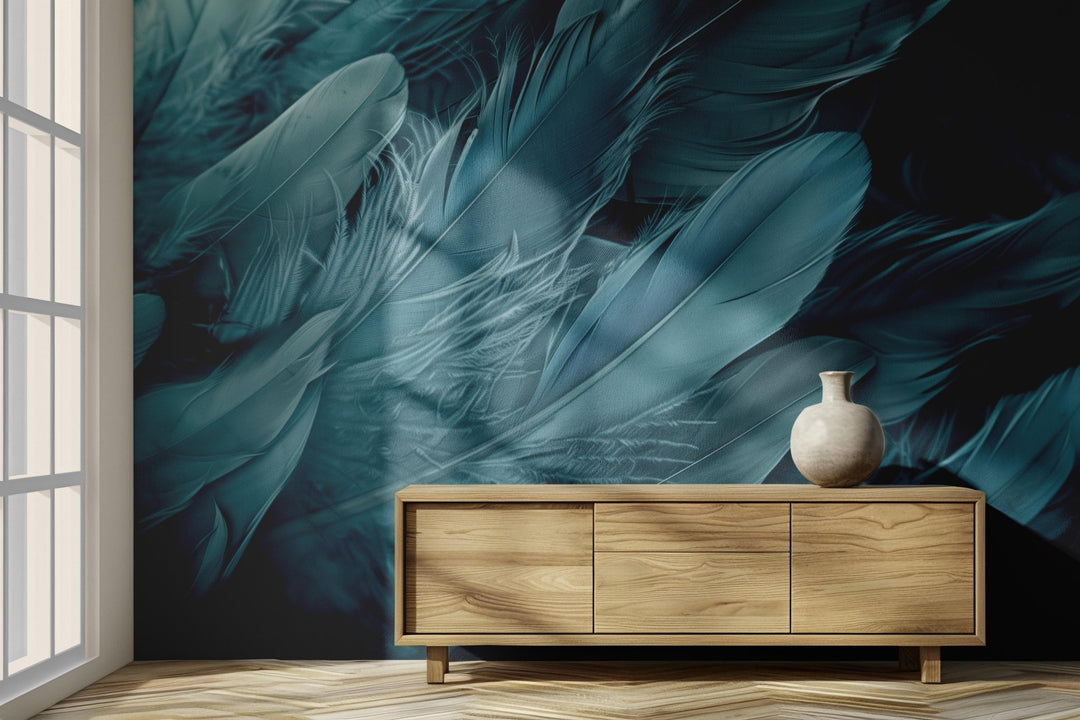 Mur de Plumes - Papier Peint Panoramique Élégant en Bleu Cendré - Illulart: Papier peint panoramique