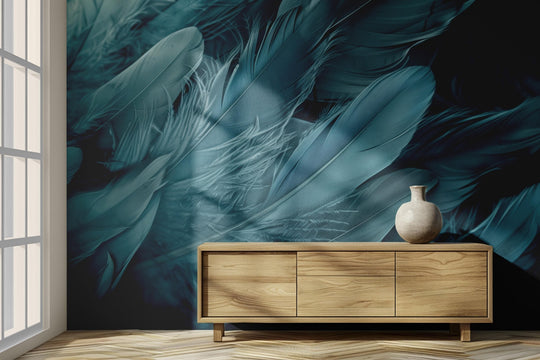 Mur de Plumes - Papier Peint Panoramique Élégant en Bleu Cendré - Illulart: Papier peint panoramique
