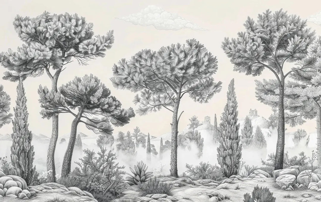 Murmure des Pins sous Brume Matinale - Illulart: Papier peint panoramique