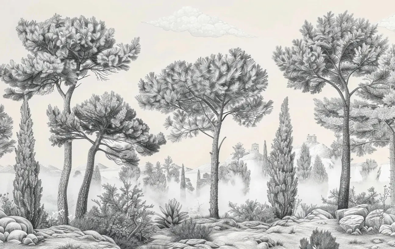 Murmure des Pins sous Brume Matinale - Illulart: Papier peint panoramique