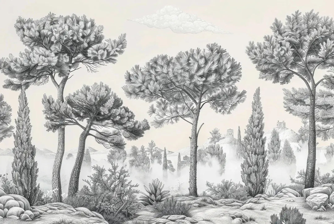 Murmure des Pins sous Brume Matinale - Illulart: Papier peint panoramique