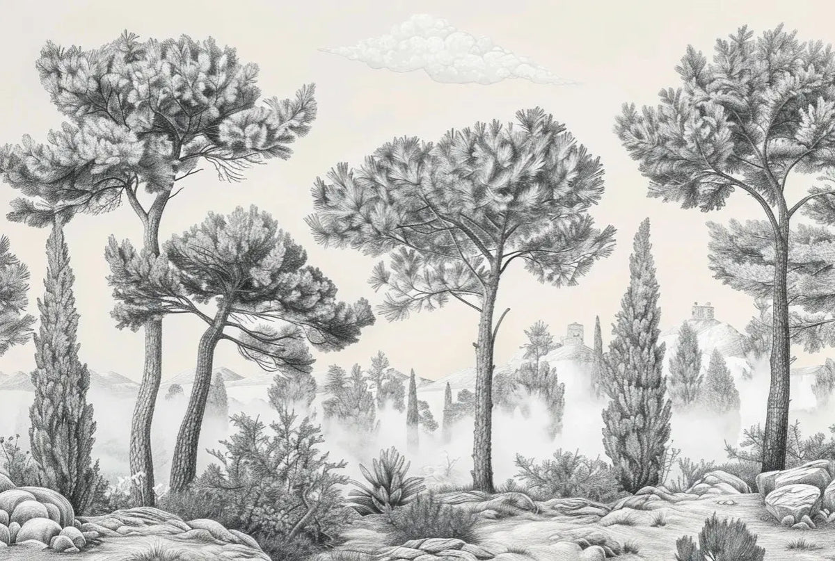 Murmure des Pins sous Brume Matinale - Illulart: Papier peint panoramique