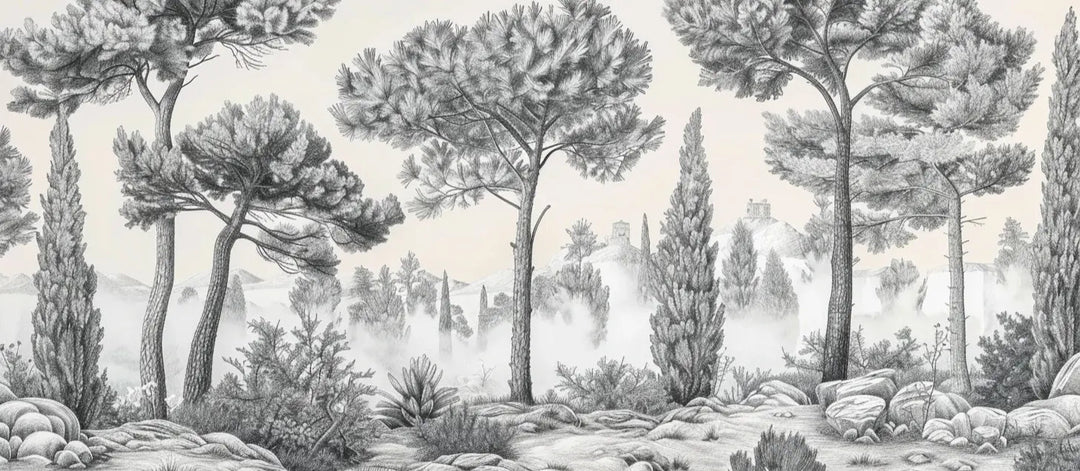 Murmure des Pins sous Brume Matinale - Illulart: Papier peint panoramique