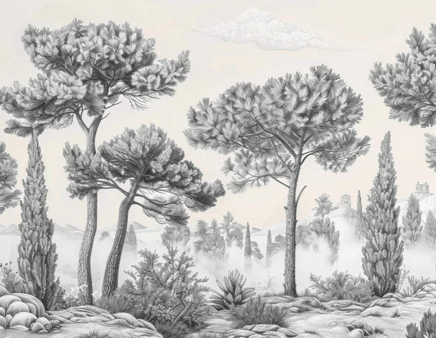 Murmure des Pins sous Brume Matinale - Illulart: Papier peint panoramique