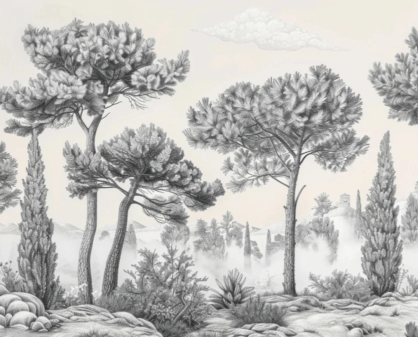 Murmure des Pins sous Brume Matinale - Illulart: Papier peint panoramique