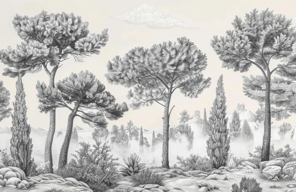 Murmure des Pins sous Brume Matinale - Illulart: Papier peint panoramique