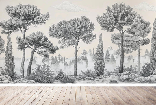 Murmure des Pins sous Brume Matinale - Illulart: Papier peint panoramique
