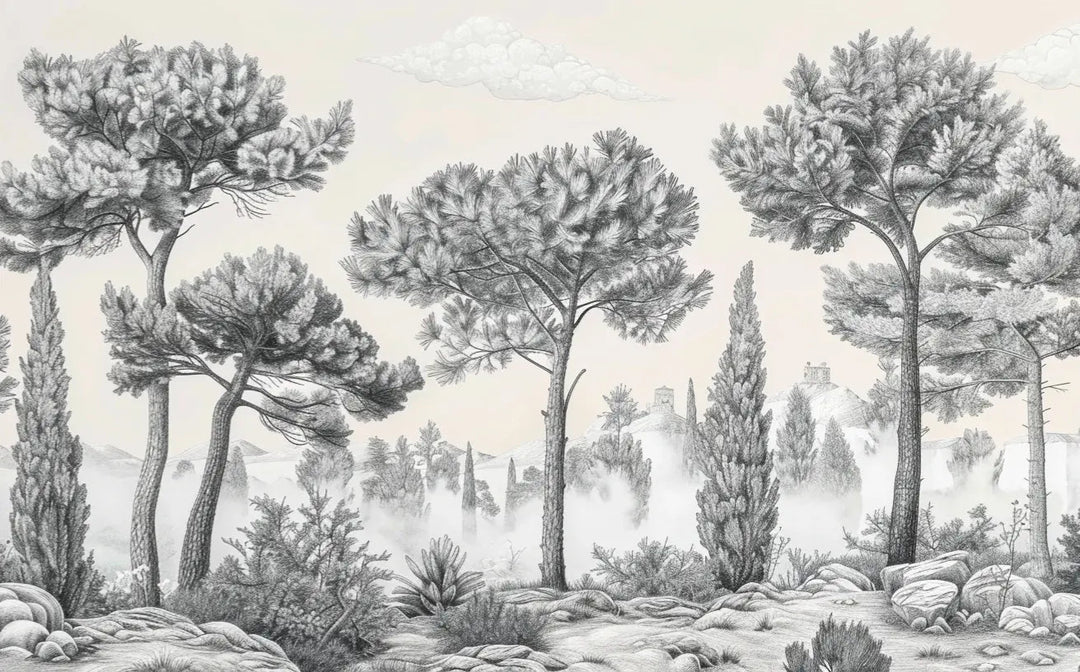 Murmure des Pins sous Brume Matinale - Illulart: Papier peint panoramique