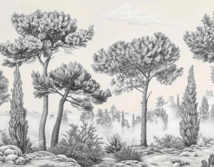 Murmure des Pins sous Brume Matinale - Illulart: Papier peint panoramique