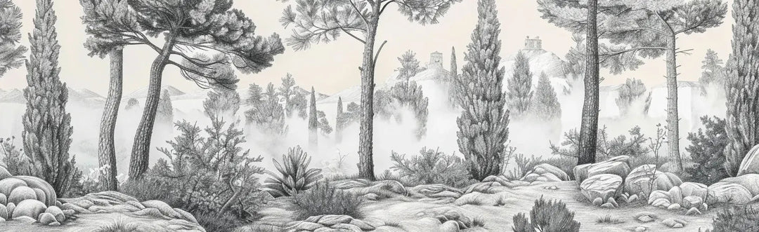 Murmure des Pins sous Brume Matinale - Illulart: Papier peint panoramique