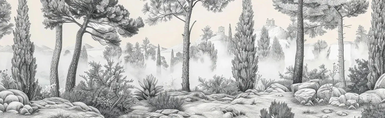 Murmure des Pins sous Brume Matinale - Illulart: Papier peint panoramique