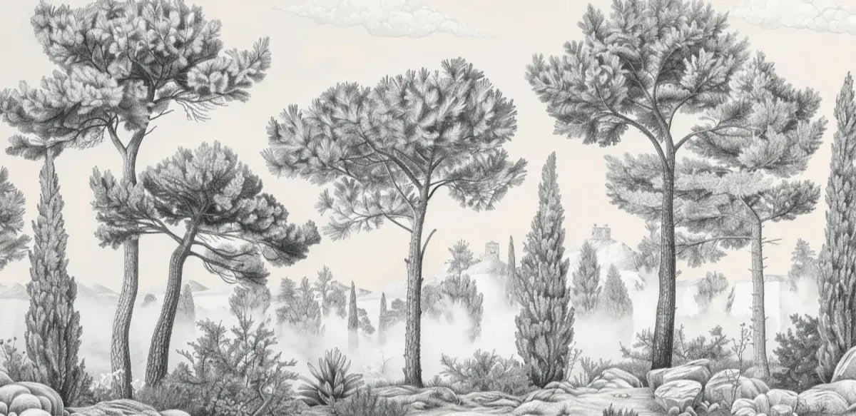 Murmure des Pins sous Brume Matinale - Illulart: Papier peint panoramique