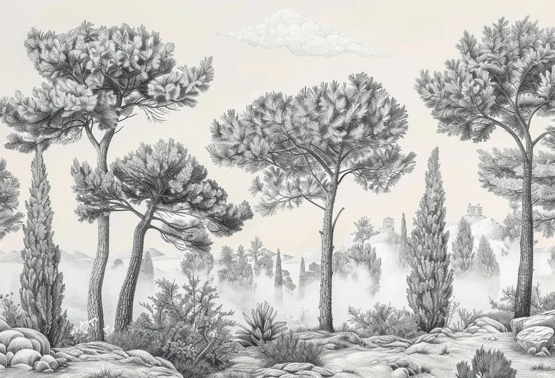 Murmure des Pins sous Brume Matinale - Illulart: Papier peint panoramique