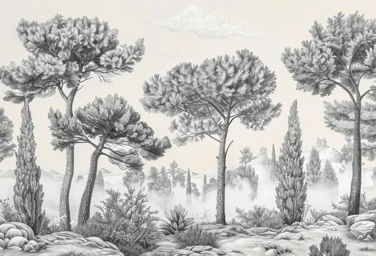Murmure des Pins sous Brume Matinale - Illulart: Papier peint panoramique